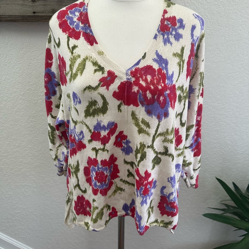 Sundance Catalog Johanna Cream Floral V-Neck Sweater 100% cotton size M